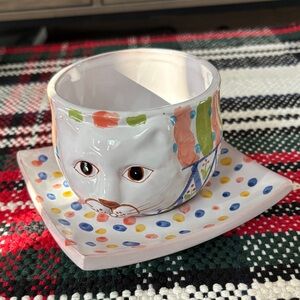 🆕Vintage Hand-Painted Terracotta Cat Mug And Saucer